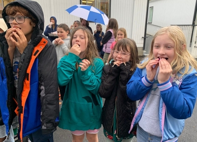 Luckiamute Valley Charter Schools fifth graders bite into quince and purple cabbage during the Oregon Crunch at Once event on Oct 17, 2024. Photo: Capital Press