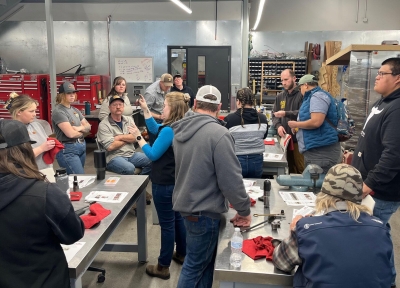 Students enrolled in the Master Butcher Certificate Program at Blue Mountain Community College in Pendleton attend a training on humane animal handling in March.. Courtesy of Rebecca Thistlethwaite