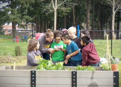 Students gathered around a garden plot at their school. Photo: KATU